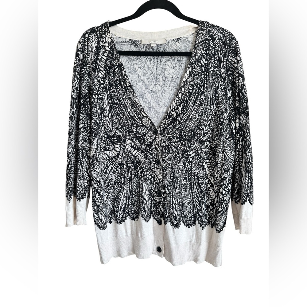 LOFT Black & Cream Lace Look 3/4 Sleeve Knit Cardigan Whimsigoth
